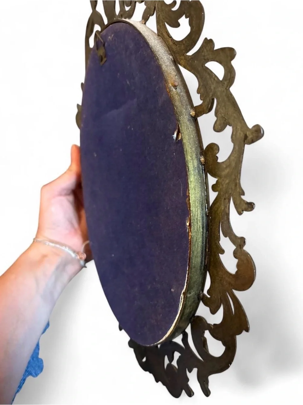 Vintage Italian Ornate Bronze-Tone Oval Wall Frame with Winter Landscape